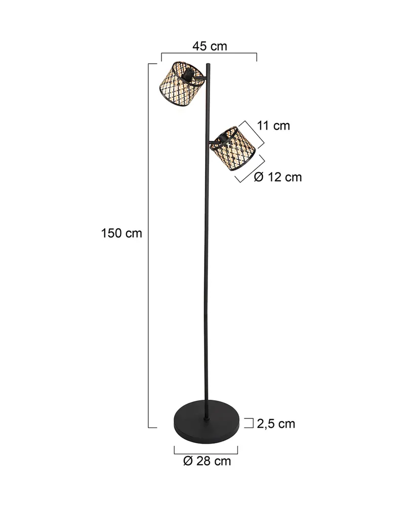 Sumba Stehlampe aus Bambus und Metall mit zwei Lichtpunkten in Naturfarben, Schwarz, Ansicht 10