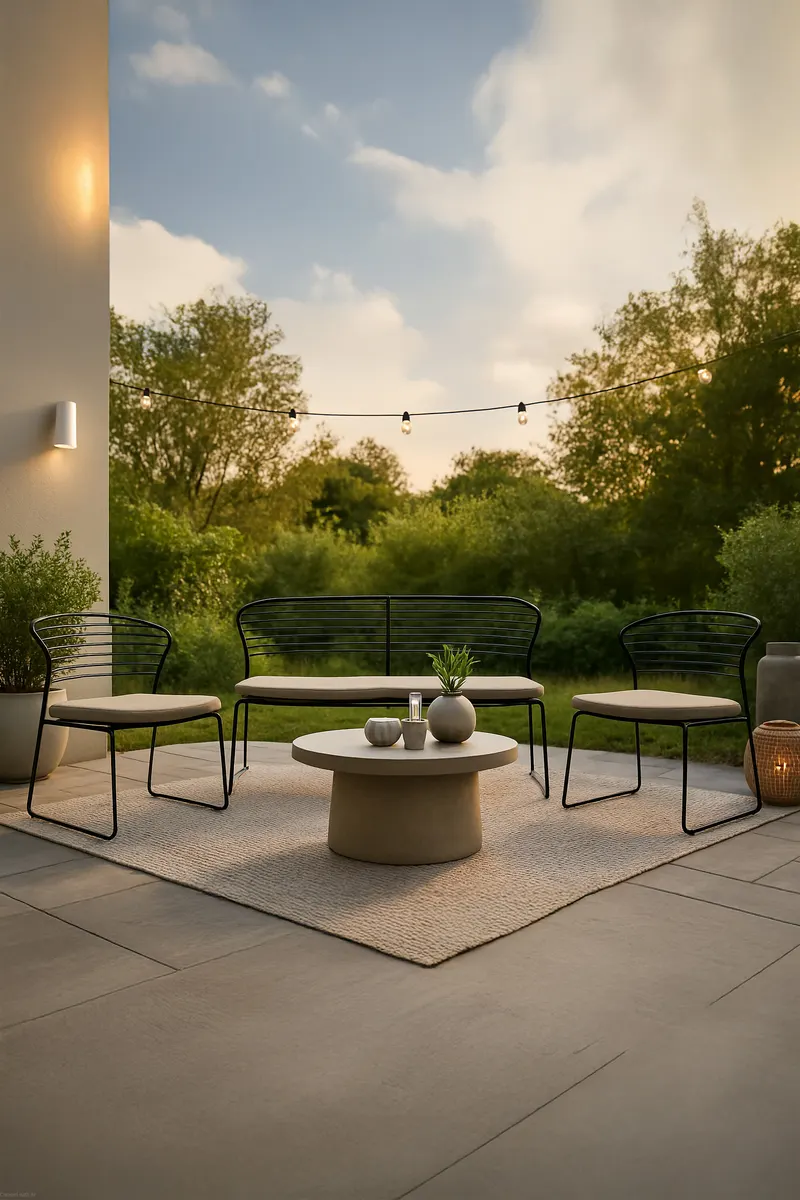 Milano Gartenlounge aus schwarzem Stahl mit Zweisitzer, im Wohnraum, Ansicht 1