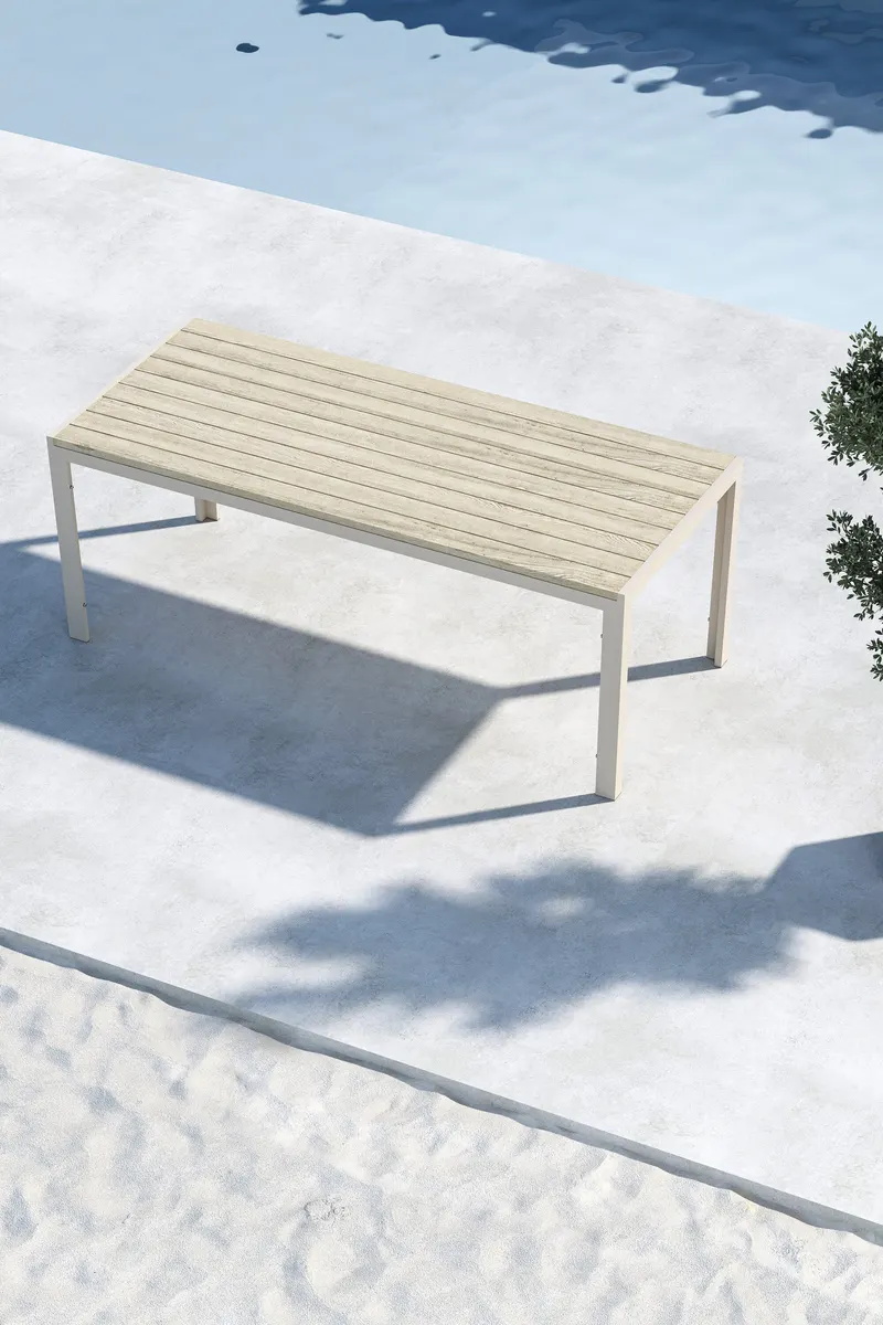 Mirko rechteckiger Gartentisch aus Aluminium in 205 × 90 cm, Beige, im Wohnraum, Ansicht 1