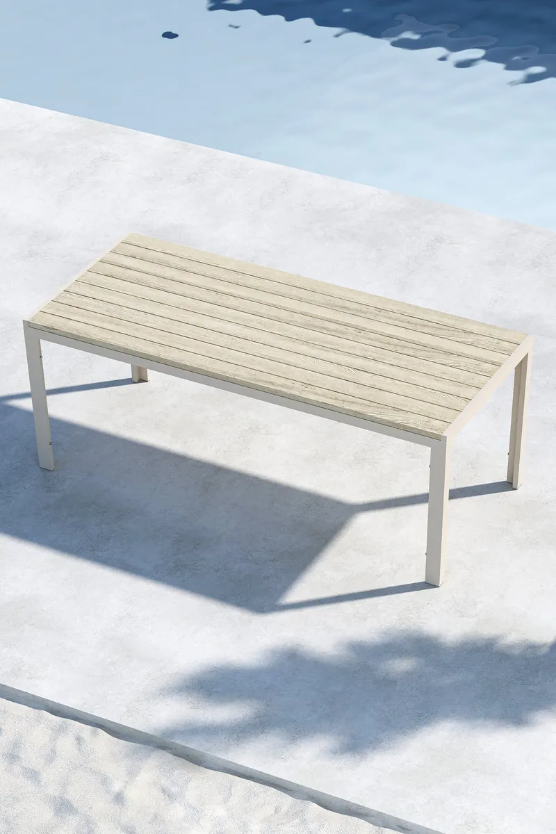 Mirko rechteckiger Gartentisch aus Aluminium in 205 × 90 cm, Beige, im Wohnraum, Ansicht 2