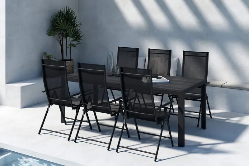 Mirko & Levanzo Gartenmöbel-Set mit 205 cm langem Tisch und 6 Klappstühlen in Schwarz, im Wohnraum, Ansicht 3