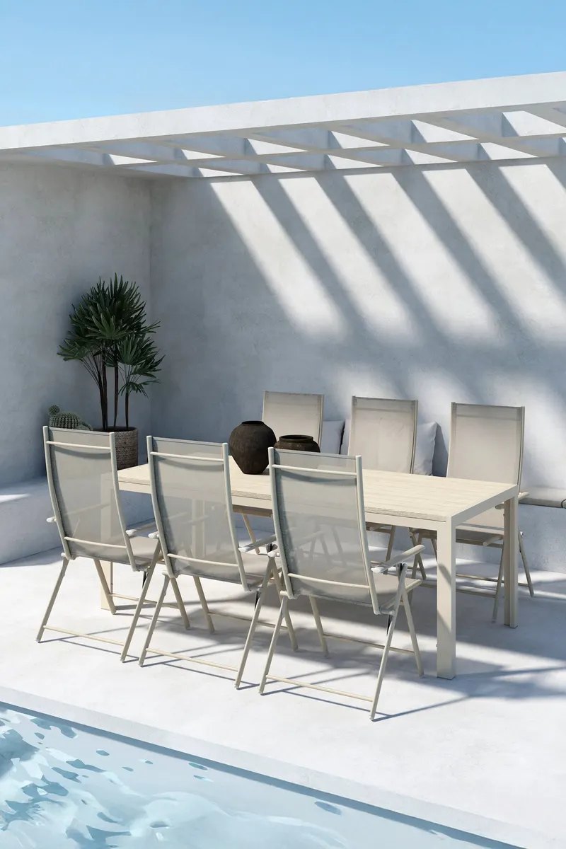 Mirko & Levanzo Gartenmöbel-Set mit 205 cm langem Tisch und 6 Klappstühlen in Beige, im Wohnraum, Ansicht 1