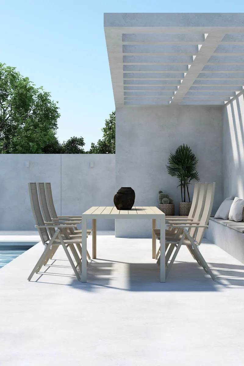 Mirko & Levanzo Gartenmöbel-Set mit 205 cm langem Tisch und 6 Klappstühlen in Beige, im Wohnraum, Ansicht 2