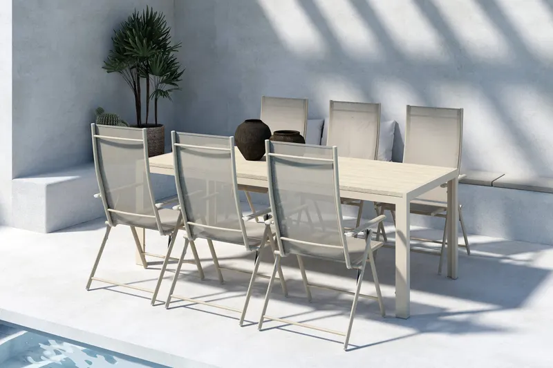 Mirko & Levanzo Gartenmöbel-Set mit 205 cm langem Tisch und 6 Klappstühlen in Beige, im Wohnraum, Ansicht 3