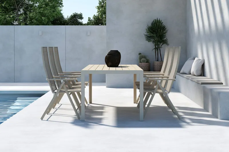 Mirko & Levanzo Gartenmöbel-Set mit 205 cm langem Tisch und 6 Klappstühlen in Beige, im Wohnraum, Ansicht 4