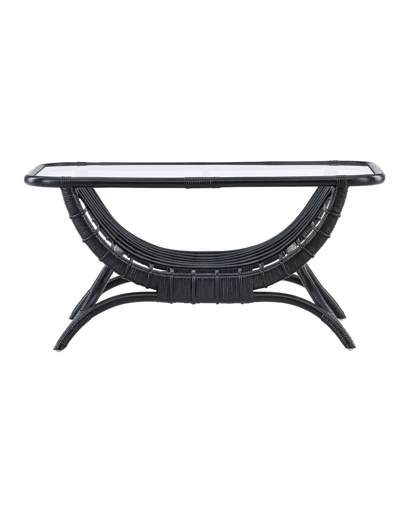 Moana Rattan-Beistelltisch mit Bogengestell und Glasplatte, Schwarz