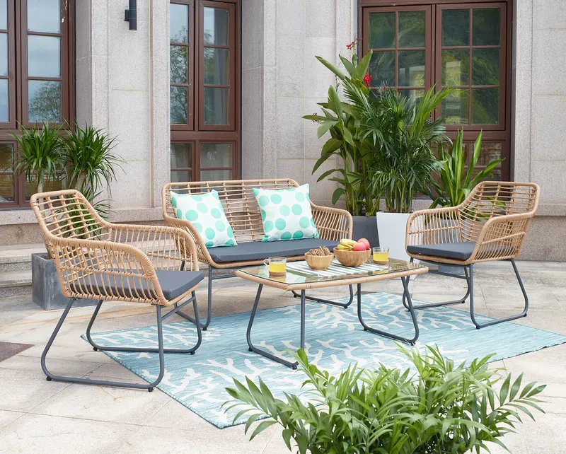 Outdoor-Sitzgruppe aus Polyrattan, natur, Ansicht 1