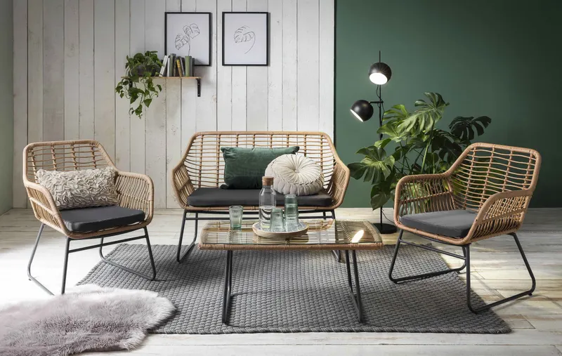Outdoor-Sitzgruppe aus Polyrattan, natur, Ansicht 4