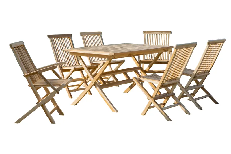 Outdoor-Sitzgruppe aus Teakholz, natur, 4 Stühle, 2 Armlehnstühle, 1 Tisch, natur