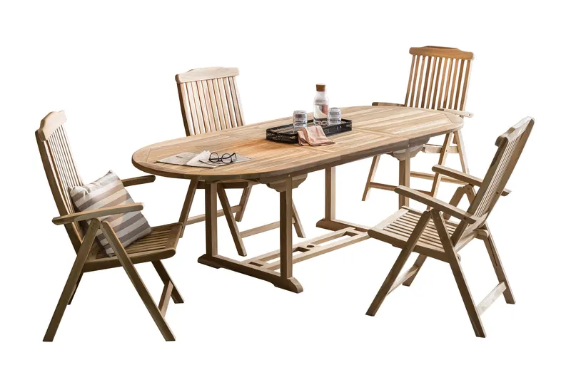 Outdoor-Sitzgruppe aus Teakholz, natur, 4 Armlehnstühle, Tisch ausziehbar 180–240 cm