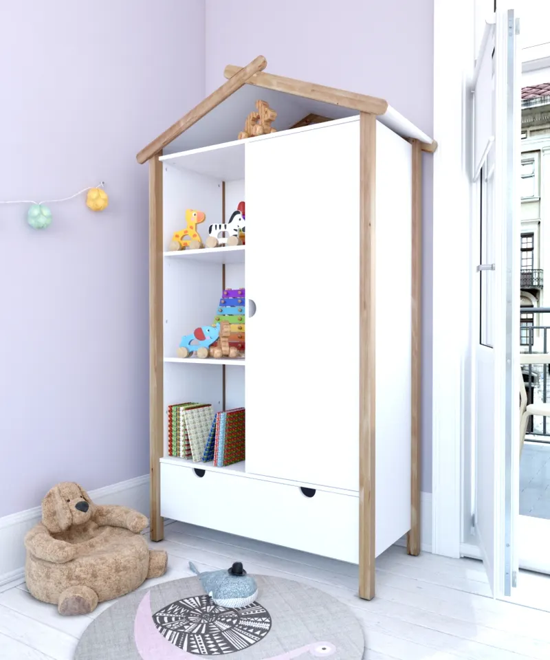 Kleiderschrank in Hausform, weiß/natur, Ansicht 6