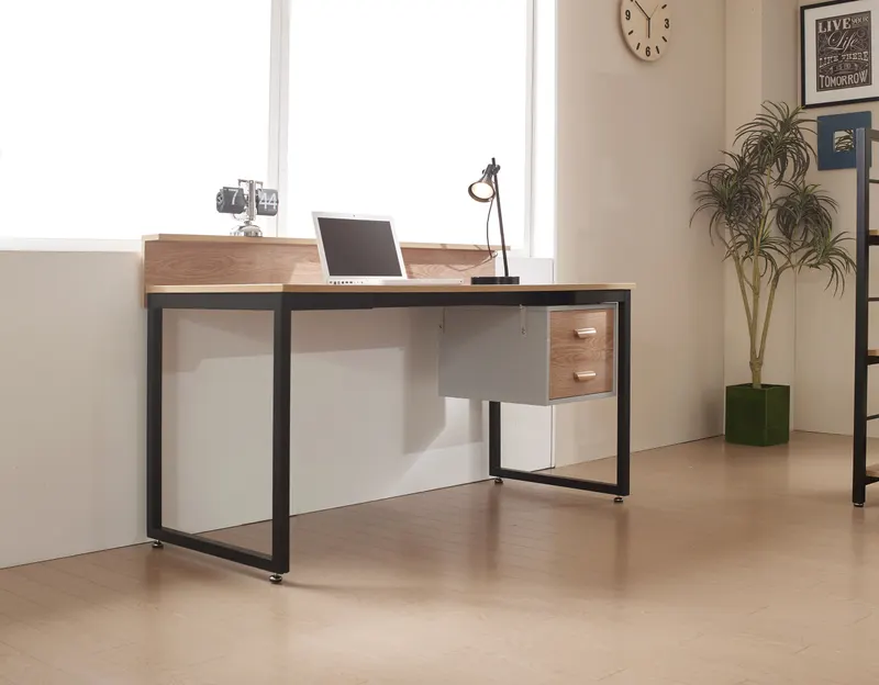 Schreibtisch 140x60 cm, Akazie-Dekor und schwarzes Metallgestell, Ansicht 4