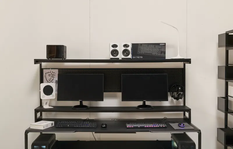 Schreibtisch mit Ablagen, MDF und Metall, Schwarz, Ansicht 8