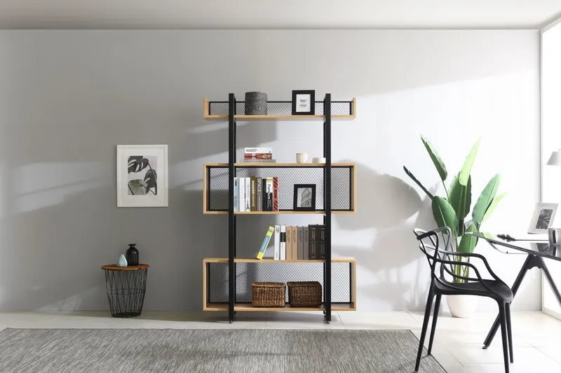 Regal mit 3 offenen Fächern, MDF in Natur und Metall in Schwarz, Ansicht 5