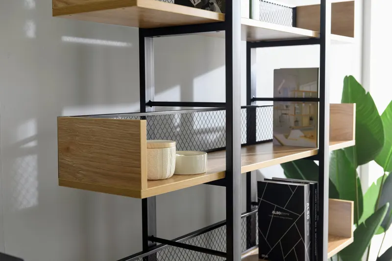 Regal mit 5 offenen Fächern, MDF in Natur und Metall in Schwarz, Ansicht 10