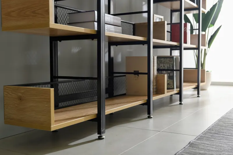 Regal mit 5 offenen Fächern, MDF in Natur und Metall in Schwarz, Ansicht 11
