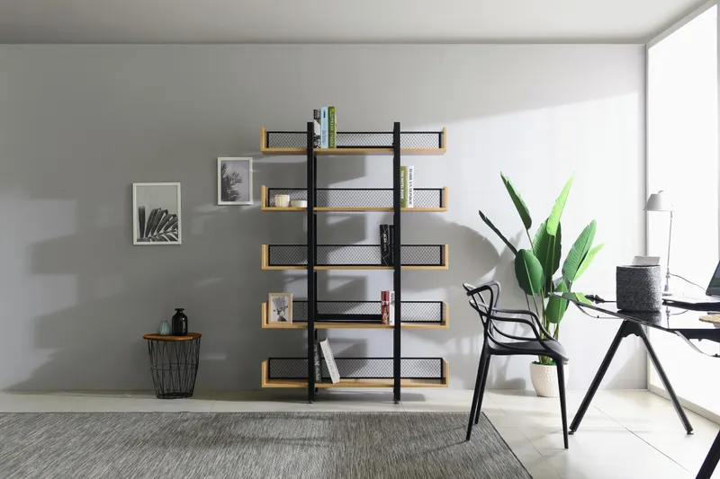 Regal mit 5 offenen Fächern, MDF in Natur und Metall in Schwarz, Ansicht 5