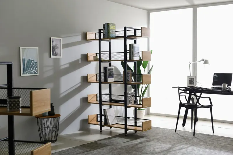 Regal mit 5 offenen Fächern, MDF in Natur und Metall in Schwarz, Ansicht 6