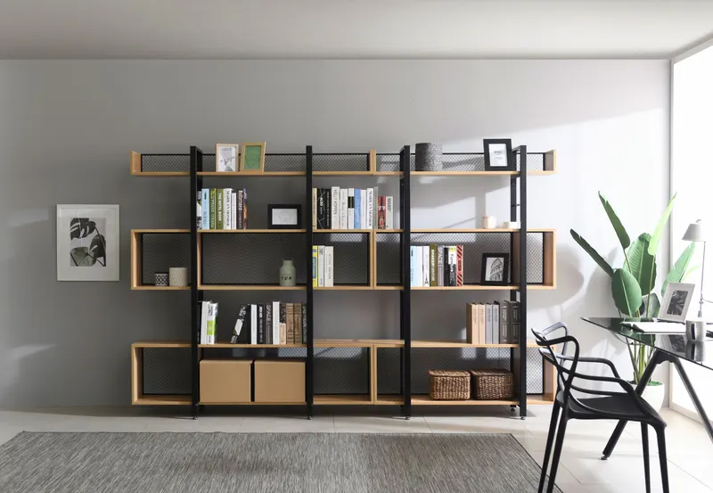 Regal mit 5 offenen Fächern, MDF in Natur und Metall in Schwarz, Ansicht 7