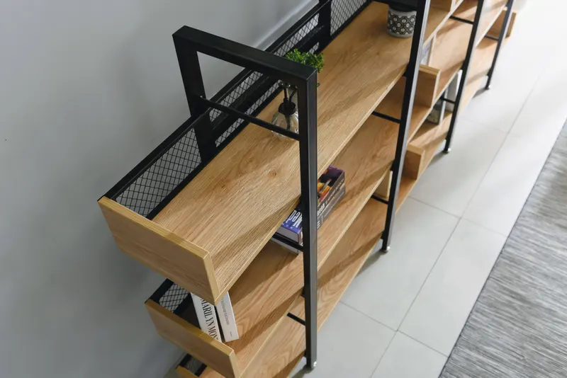 Regal mit 5 offenen Fächern, MDF in Natur und Metall in Schwarz, Ansicht 9