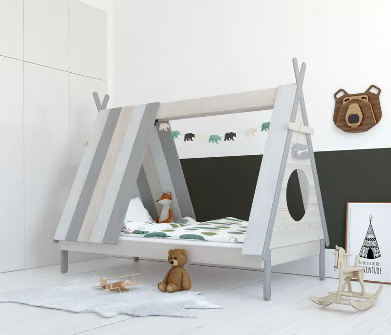 Kinderbett mit Schublade in Zeltform, Weiß und Grau, Ansicht 10