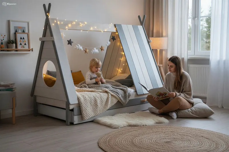 Kinderbett mit Schublade in Zeltform, Weiß und Grau, Ansicht 11