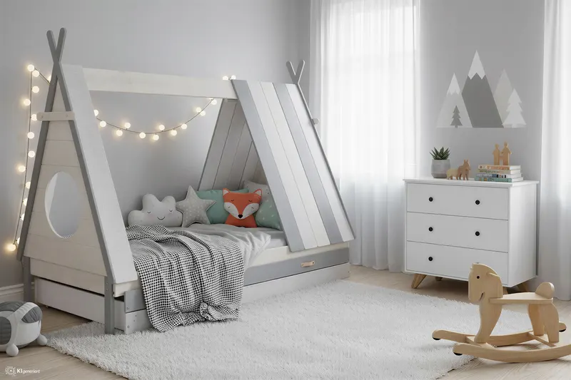 Kinderbett mit Schublade in Zeltform, Weiß und Grau, Ansicht 12
