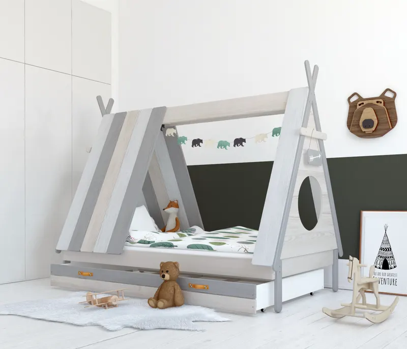 Kinderbett mit Schublade in Zeltform, Weiß und Grau, Ansicht 7