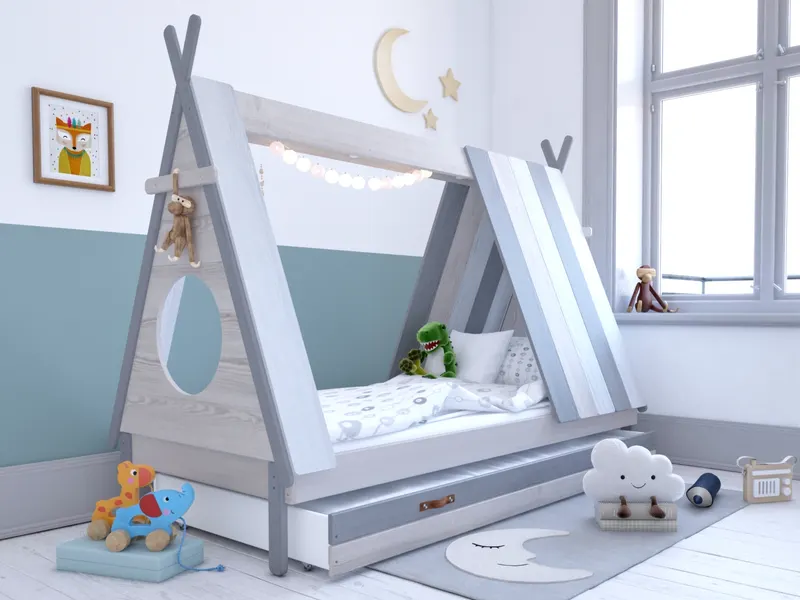 Kinderbett mit Schublade in Zeltform, Weiß und Grau, Ansicht 9