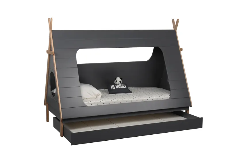 Kinderbett mit Schublade in Zeltform, Grau und Natur, Grau, Natur