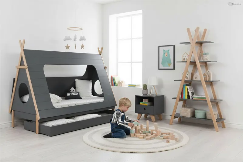 Kinderbett mit Schublade in Zeltform, Grau und Natur, Ansicht 10