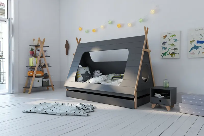 Kinderbett mit Schublade in Zeltform, Grau und Natur, Ansicht 7
