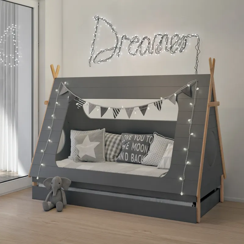 Kinderbett mit Schublade in Zeltform, Grau und Natur, Ansicht 8