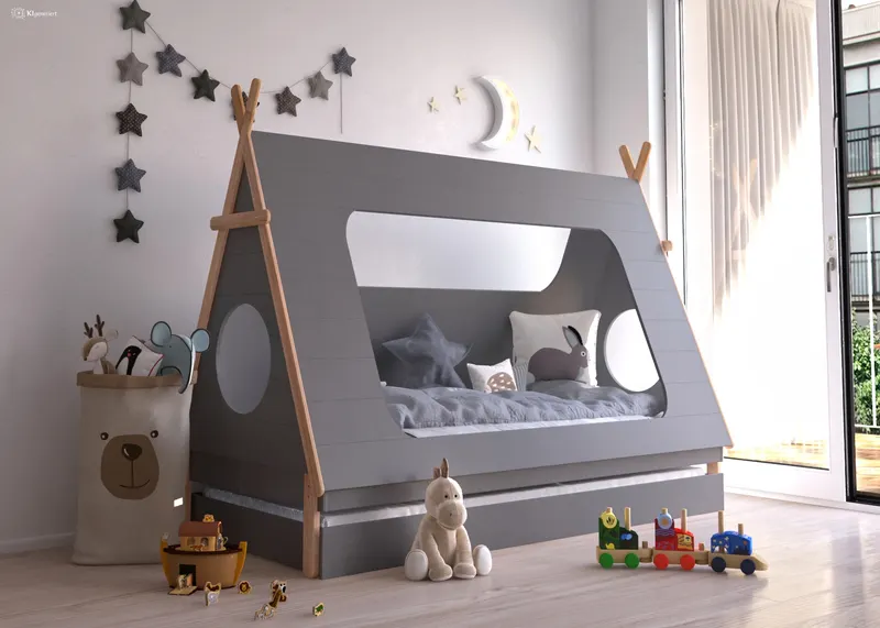 Kinderbett mit Schublade in Zeltform, Grau und Natur, Ansicht 9