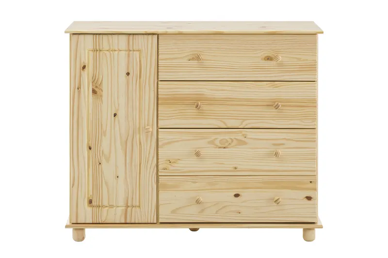 Kommode aus massivem Kiefernholz, natur lackiert, 4 Schubladen, 1 Tür, 121 × 43 × 102 cm