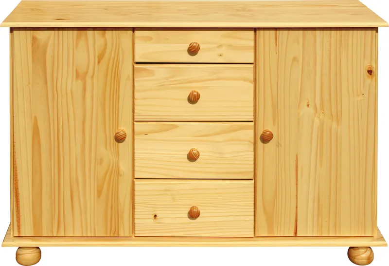 Kommode aus lackierter Kiefer massiv, natur, 4 Schubladen, 2 Türen, natur, lackiert