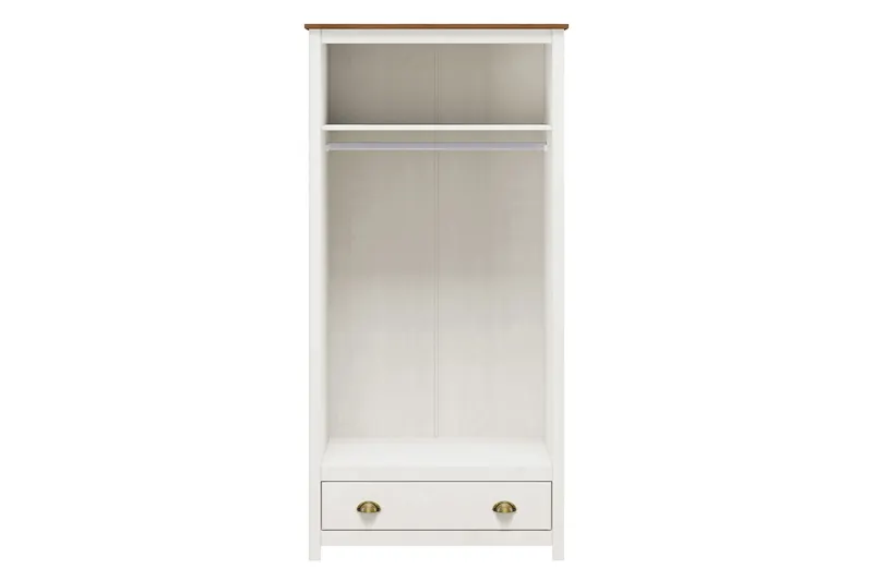 Kleiderschrank aus Kiefer massiv, weiß mit brauner Deckplatte, Ansicht 2