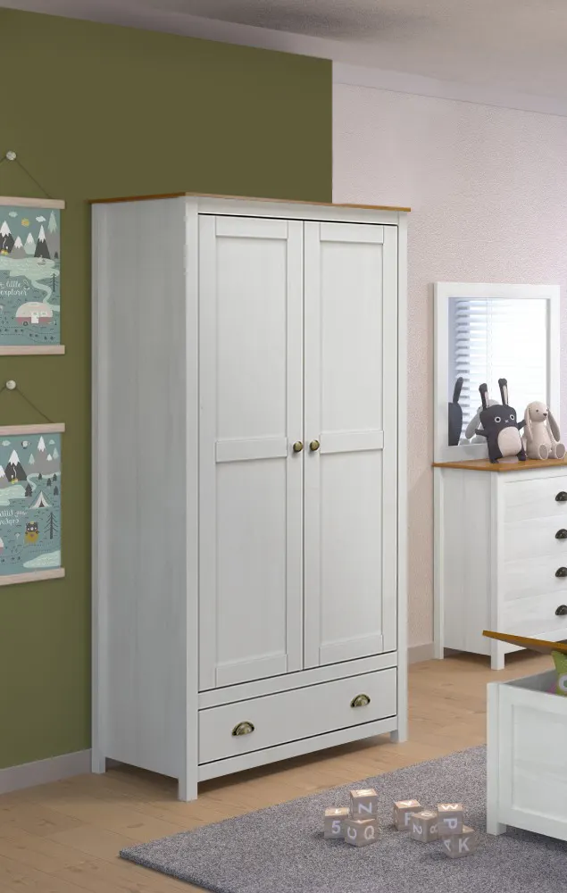 Kleiderschrank aus Kiefer massiv, weiß mit brauner Deckplatte, Ansicht 4