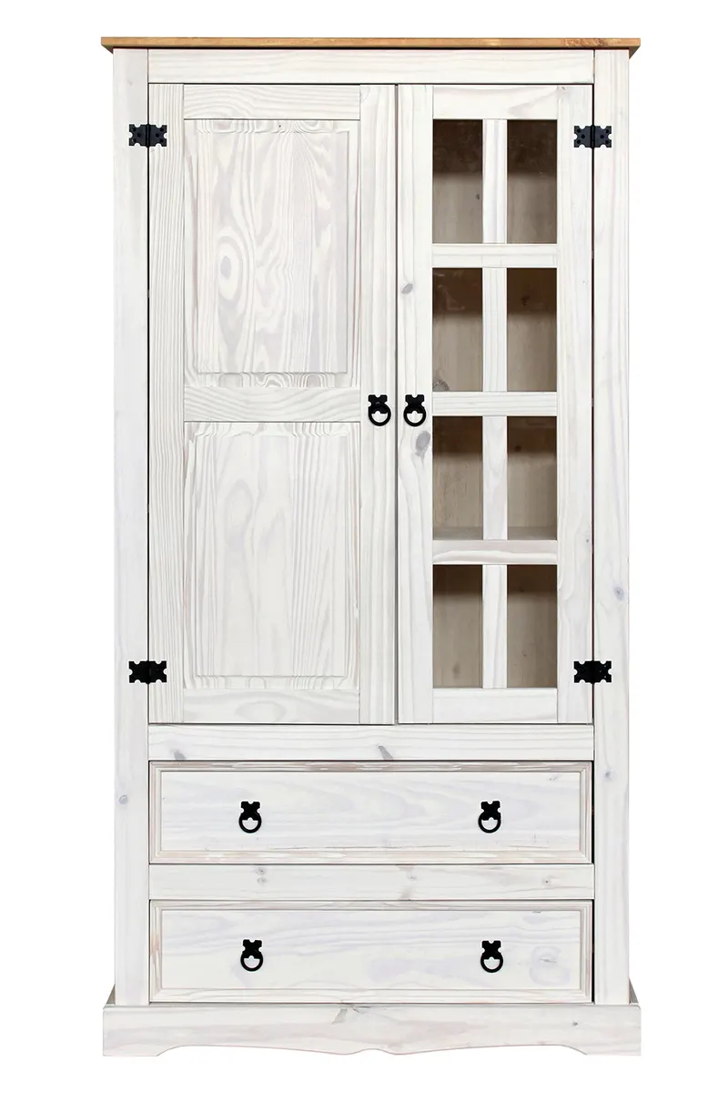 Vitrine aus massiver Kiefer, weiß mit honigfarbiger Deckplatte, Ansicht 2