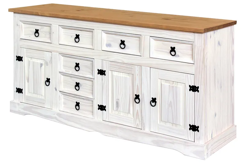 Sideboard aus massiver Kiefer, weiß mit honigfarbiger Deckplatte, Ansicht 2