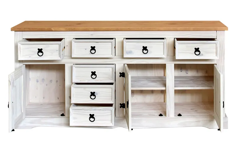 Sideboard aus massiver Kiefer, weiß mit honigfarbiger Deckplatte, Ansicht 3