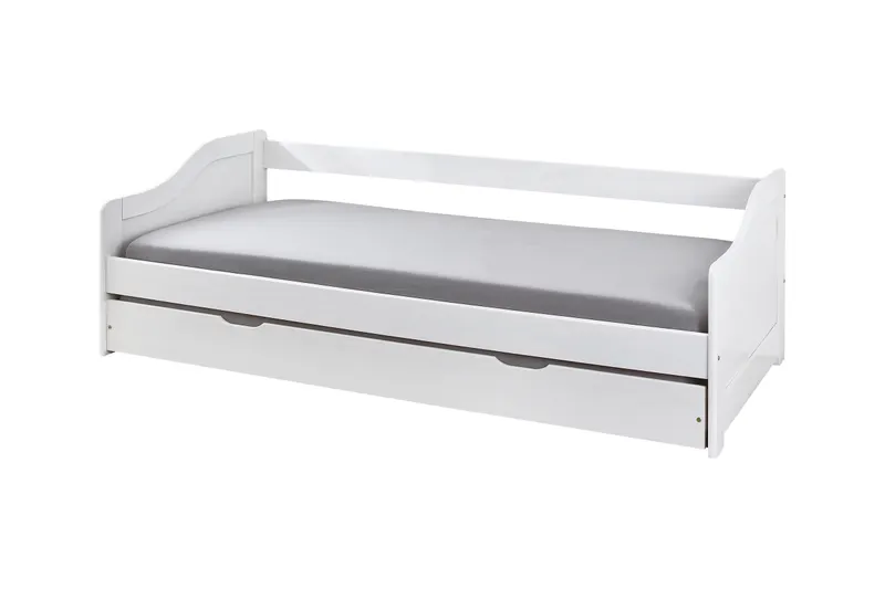 Bett aus Kiefer massiv, weiß, mit Schublade