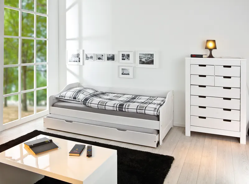 Bett aus Kiefer massiv, weiß, mit Schublade, Ansicht 8