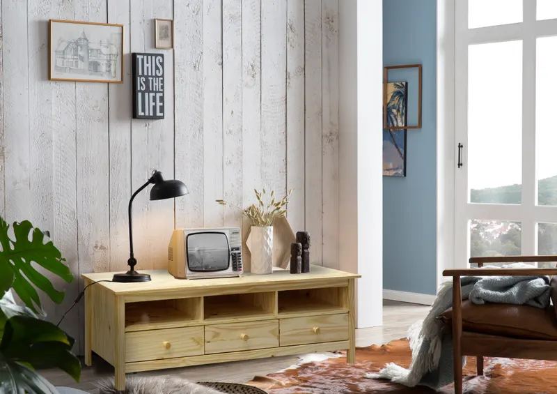 TV Lowboard aus Kiefer massiv, natur lackiert, Ansicht 3