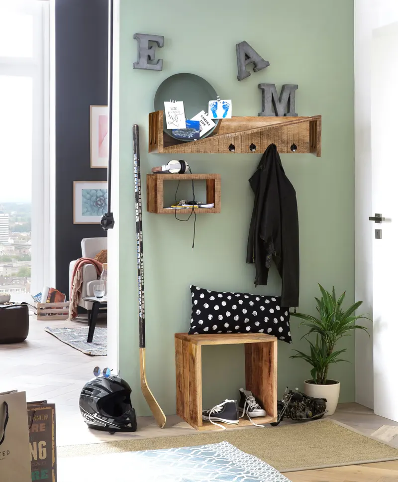Wandgarderobe aus lackiertem Mango in Natur, Ansicht 2
