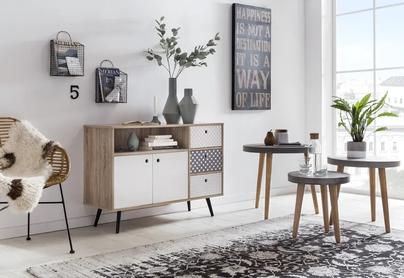Sideboard aus MDF, white wash mit blau-weißer Front, Ansicht 4