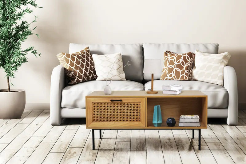 Couchtisch aus MDF mit Paulownia-Furnier und Rattan, Ansicht 4