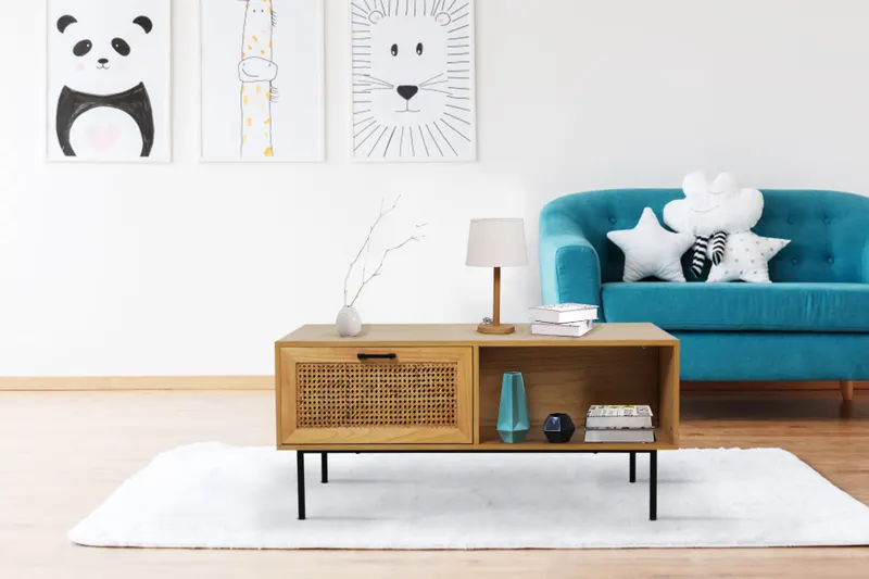 Couchtisch aus MDF mit Paulownia-Furnier und Rattan, Ansicht 5