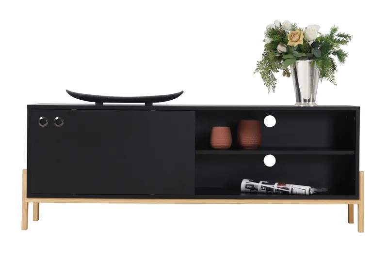 Lowboard, schwarz mit Beinen aus Pinienholz, 140 × 35 × 51,5 cm