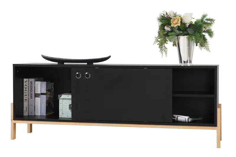 Lowboard, schwarz mit Beinen aus Pinienholz, Ansicht 2